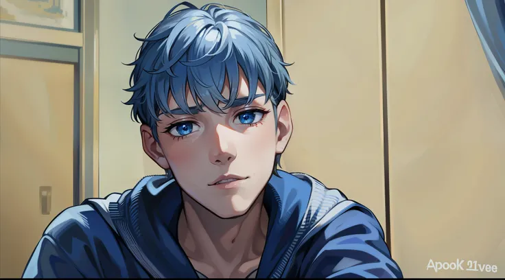 a cute 17 year old boy man with blue eyes silver hair just woke up from a nightmare