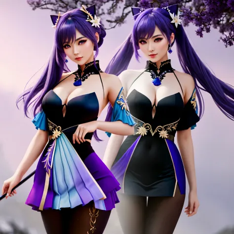 ((Focus on the hips)), (black opaque tights:1.2), traditional beauty, gorgeous chinese model, draped in purple and blue silk, with beautiful exoticism, long purple hair, violet eyes, cat ears on top of head, soft fluffy soft landscape forest snowy avatar p...