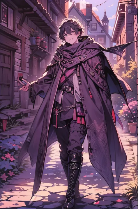 tall teen adventurer walking on a medieval town smiling with a gray cloak and daggers on his waist, sunset with cinematic lighting, boots