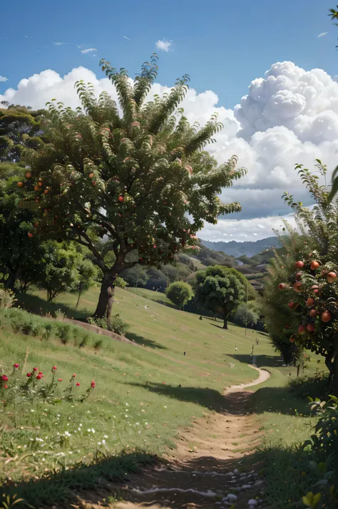 melhor qualidade, obra de arte, ultra high resolution, paisagem, fruit trees, apples, plantas, flores, passarinhos, grama, gramado, sky