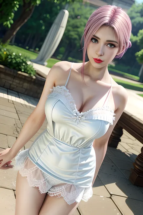 1 girl,Alice,(pajamas),(White strapless dress:1.4),outdoor,  (standing posture),grace,(((red lips))), Lips slightly open,  clavicle,Lactation,(huge breasts),shiny skin,((8k, original photo, top quality, masterpiece), HD RAW color photos professional close-...