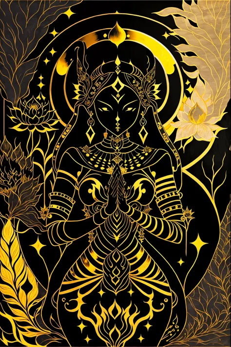 a black and gold painting of a woman with a sword , 1girl, solo, jewelry, flower, cowboy shot, earrings, hands up, mask, moon, v...