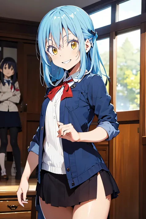 Rimuru as a female, wearing her goddess uniform, smiling beautifully, angels wings on her back, holding out one hand