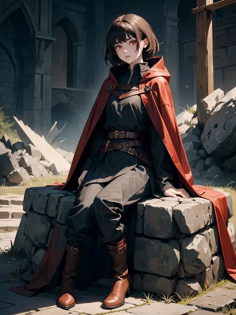 solo, 1girl, small girl, red eyes, circles under eyes, unsatisfied expression, darkened eyes, red eyes, pale skin, short brown hair, messy haircut, (fantasy medieval clothes), (gray cloak, torn cloak), long black tunic, ((belts on clothes)), oversized pant...