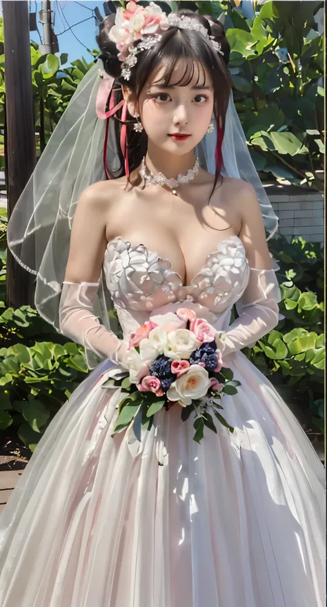 (((Pixel perfect, Perfect details))), alone, 1 girl, yuigahama yui,  Close-up of beautiful bride wearing beautiful wedding dress,Gurwitz,(bridal veil:1.5），（transparent short veil：1.5），makeup,pink blush，dark blue eye shadow，Blushing face，Head flower，headgea...