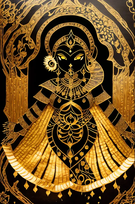 a black and gold painting of a woman with a sword , 1girl, solo, jewelry, flower, cowboy shot, earrings, hands up, mask, moon, v...