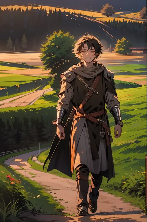 medieval tall teen male knight walking on a curve road in grasslands smiling, sunrise with cinematic lighting