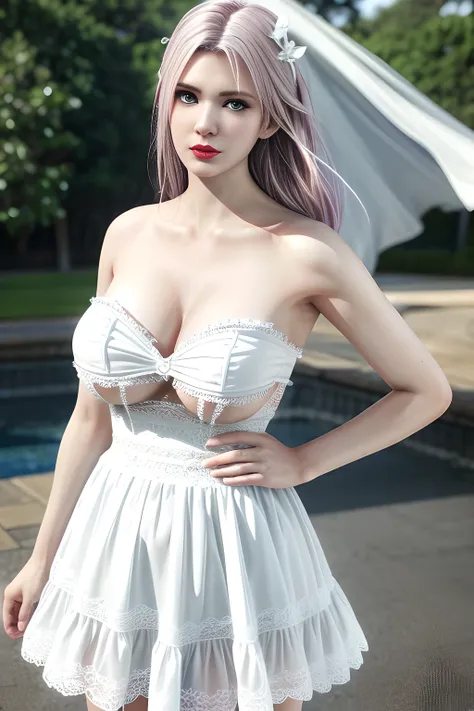 1 girl,Alice,(pajamas),(White strapless dress:1.4),outdoor,  (standing posture),grace,(((red lips))), Lips slightly open,  clavicle,Lactation,(huge breasts),shiny skin,((8k, original photo, top quality, masterpiece), HD RAW color photos professional close-...