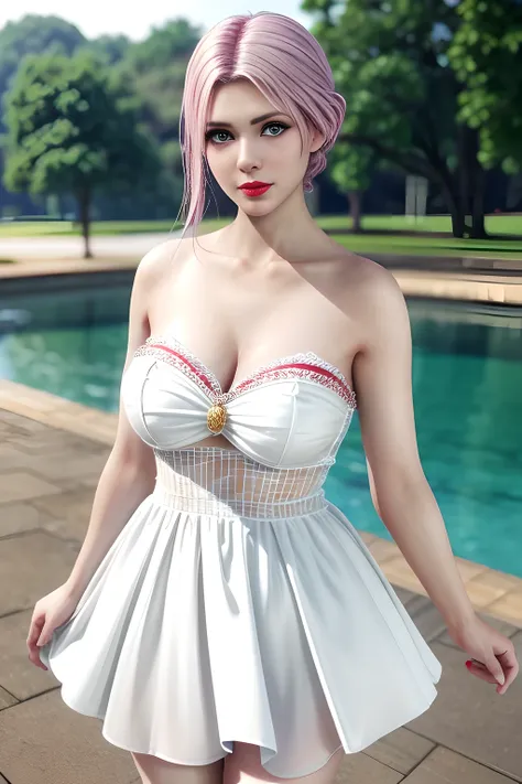 1 girl,Alice,(pajamas),(White strapless dress:1.4),outdoor,  (standing posture),grace,(((red lips))), Lips slightly open,  clavicle,Lactation,(huge breasts),shiny skin,((8k, original photo, top quality, masterpiece), HD RAW color photos professional close-...