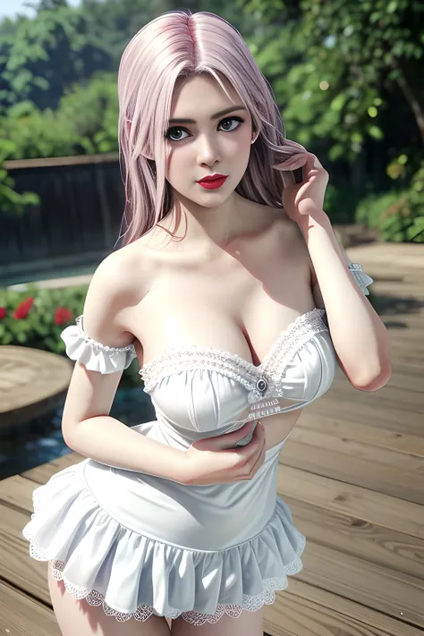 1 girl,Alice,(pajamas),(White strapless dress:1.4),outdoor,  (standing posture),grace,(((red lips))), Lips slightly open,  clavicle,Lactation,(huge breasts),shiny skin,((8k, original photo, top quality, masterpiece), HD RAW color photos professional close-...