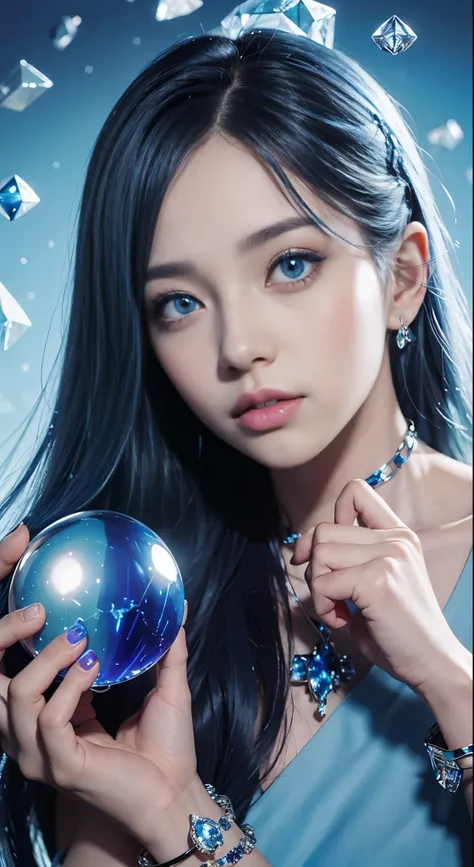 （and soul）（secondary elements）1 girl、(blue hair)、hair length、blue eyes、gradient eyes、sparkling eyes、bright pupils、finely tuned、expressive eyes、blue clothes、gem、Blue lighting、blue theme、（foams：1.5）、mysterious、abstract、best quality、super detailed、(((Holding ...