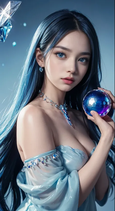 （and soul）（secondary elements）1 girl、(blue hair)、hair length、blue eyes、gradient eyes、sparkling eyes、bright pupils、finely tuned、expressive eyes、blue clothes、gem、Blue lighting、blue theme、（foams：1.5）、mysterious、abstract、best quality、super detailed、(((Holding ...