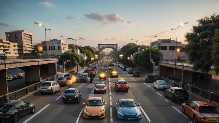 imagine a hyper-realistic 8k image showing many cars  with bright colours on a busy bridge, in an african mega city.