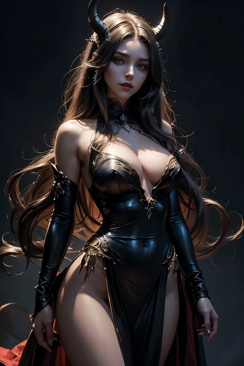 Beautiful painting of a near-perfect Succubus with a slender figure, large breasts, and shapeless, flowing hair adorned with small horns. Her features are perfect, exuding an ethereal allure. She wears a revealing, extremely baroque dress that showcases he...