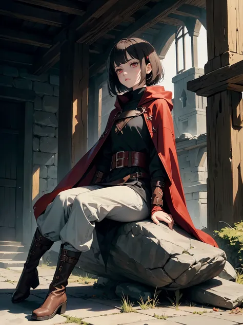 (ruby eyes), anime, solo, 1girl, small girl, red eyes, circles under eyes, unsatisfied expression, shadow on eyes,, pale skin, short brown hair, messy haircut, (fantasy medieval clothes), (gray cloak, torn cloak), long black tunic, ((belts on clothes)), ov...