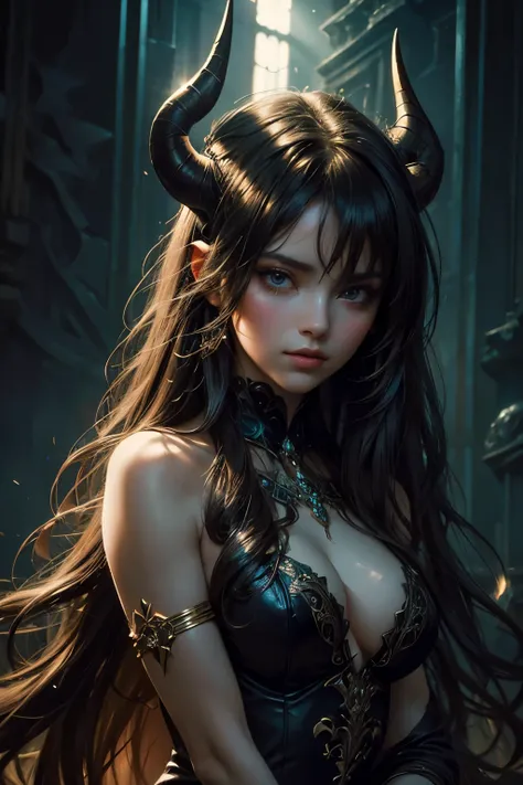 Beautiful painting of a perfect Succubus with a slender figure, large breasts, shapeless long hair, and small horns adorns the canvas. Her features are of near perfection, with a captivating face, dating back to the age of abstract beauty and pure form. In...