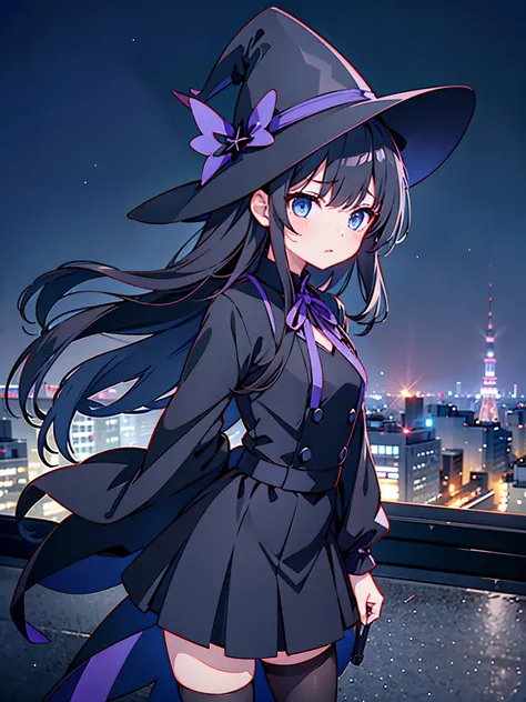 A girl lost in thought on the rooftop of a lit-up building at night in Tokyo、Woman wearing a large black witch hat with small sapphire accessories、She is wearing a white dress with a navy blue ribbon.、navy blue skirt、black stockings、black sneakers with whi...