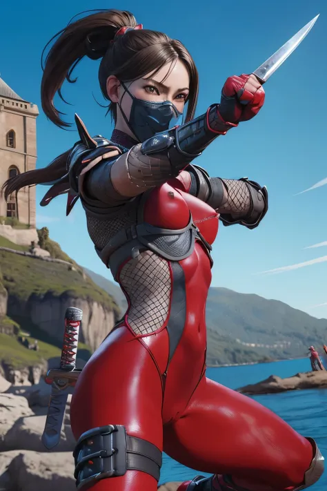 good anatomy, masterpiece, best quality,realistic, hyperrealistic, 16k hdr, taki, red fishnet bodysuit, fishnets, fingerless gloves, arm guards, shoulder armor,medium breasts,outdoor,castle background,blue sky,dynamic pose,(fighting pose:1.2),spread legs,(...