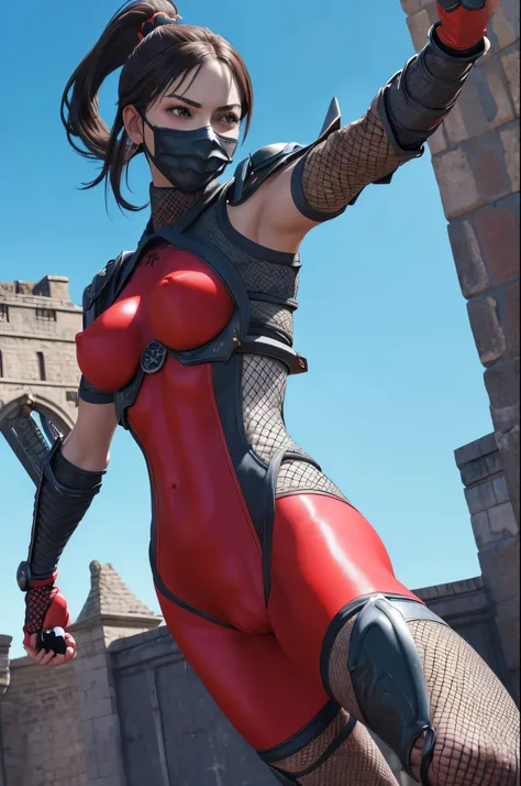 good anatomy, masterpiece, best quality,realistic, hyperrealistic, 16k hdr, taki, red fishnet bodysuit, fishnets, fingerless gloves, arm guards, shoulder armor,medium breasts,outdoor,castle background,blue sky,dynamic pose,(fighting pose:1.2),spread legs,(...