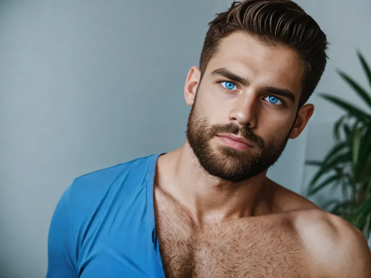 Israeli Man, 25 anos, roupas elegantes, peludo, ((blue eyes)), extremamente bonito, looking-into-camera, 16k, UHD, perfect lighting, grain of film, altamente detalhado, foto de corpo inteiro