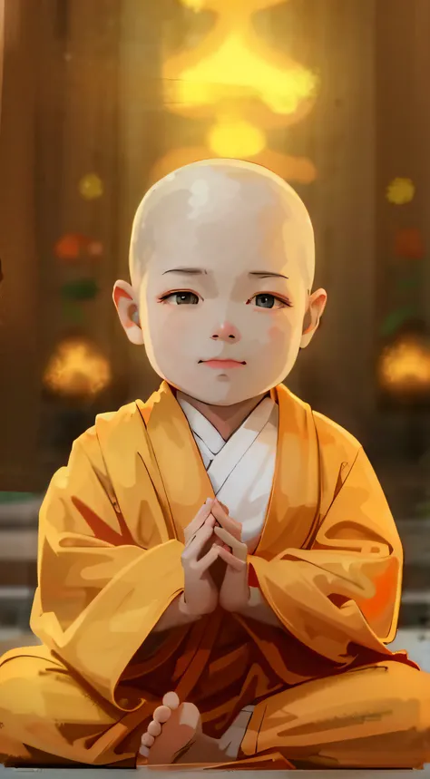 Close-up of a  sitting on the ground in a monks costume, monk clothes, he greets you warmly, yellow robe, yellow robe, using yellow cloth, buddhist monk, blessing hands, dressed in a simple robe, Buddhist, monk, ancient japanese monk, nice digital painting...