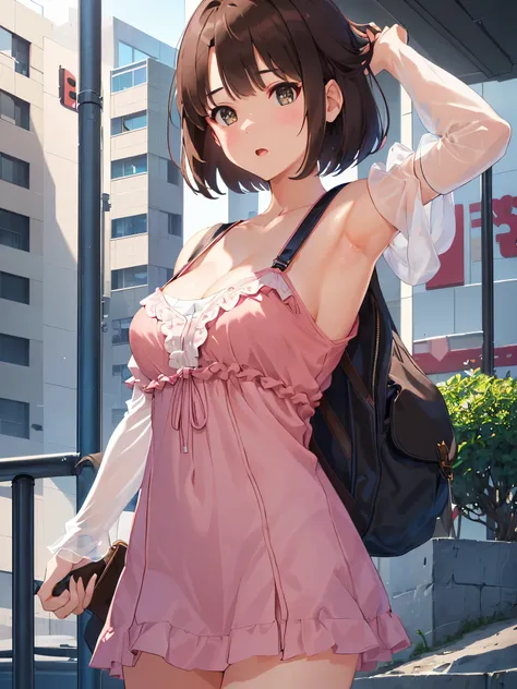 ((Show your armpits)),((No sleeve)),cleavage,(masterpiece:1.6, highest quality), (Beautiful detailed eyes: 1.2), ticker_kato, katohdlong, katohd, 1 girl, alone, brown hair, short hair, brown eyes, Backpack, open your mouth, bangs, Shoulder bar , blush, pin...