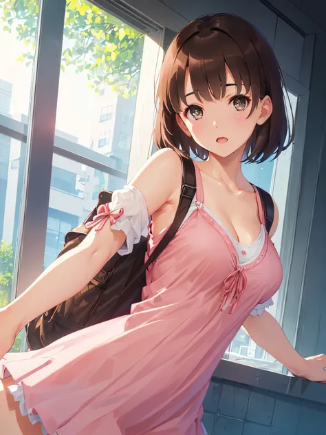 ((Show your armpits)),((No sleeve)),cleavage,(masterpiece:1.6, highest quality), (Beautiful detailed eyes: 1.2), ticker_kato, katohdlong, katohd, 1 girl, alone, brown hair, short hair, brown eyes, Backpack, open your mouth, bangs, Shoulder bar , blush, pin...