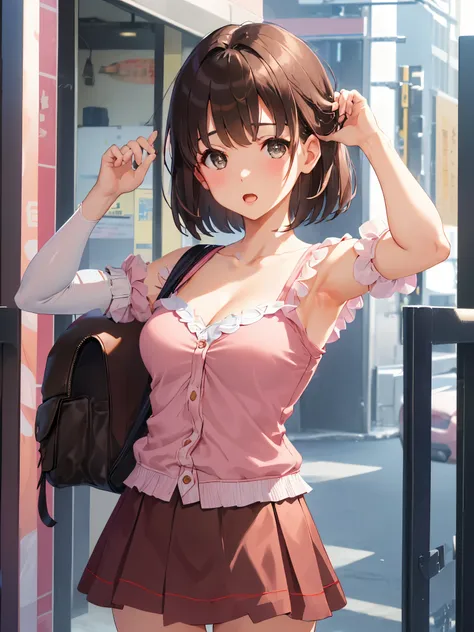 ((Show your armpits)),((No sleeve)),cleavage,super miniskirt,(masterpiece:1.6, highest quality), (Beautiful detailed eyes: 1.2), ticker_kato, katohdlong, katohd, 1 girl, alone, brown hair, short hair, brown eyes, Backpack, open your mouth, bangs, Shoulder ...