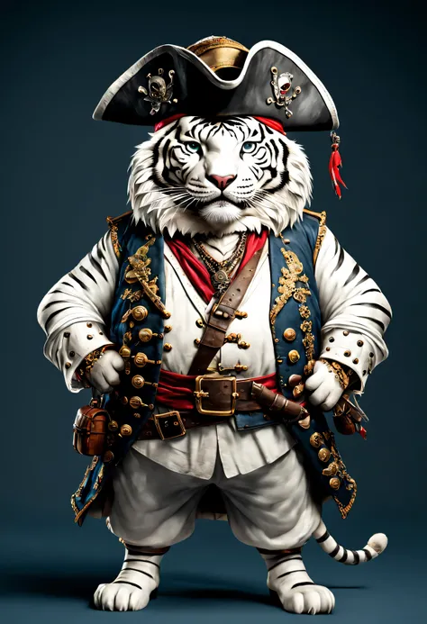 photorealistic portrait of Dressed animals - a ((fat)) white tiger pirate,(brave pose), high quality,(lovely) ,intricate details, highly detailed ((pirates hat and clothes)) ,,highly detailed decorations, , (brave), studio lighting,(full body image:1.5)