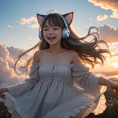 masterpiece, highest quality, movie stills, 1 girl, cloud girl, floating in the sky, close, bright, Happy, warm and soft lighting, sunset, (sparks:0.7)、Feline ears、headphone、gray hair、17 year old girl、cute、Glamour、Good style、laughing、Plump、blonde、