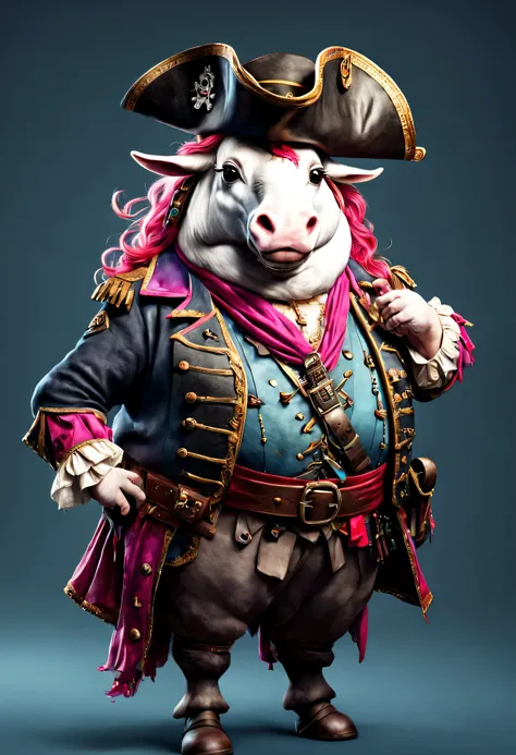 photorealistic portrait of Dressed animals - a ((fat)) unicorn pirate,(brave pose), high quality,(lovely) ,intricate details, highly detailed ((pirates hat and clothes)) ,,highly detailed decorations, , (brave), studio lighting,(full body image:1.5)