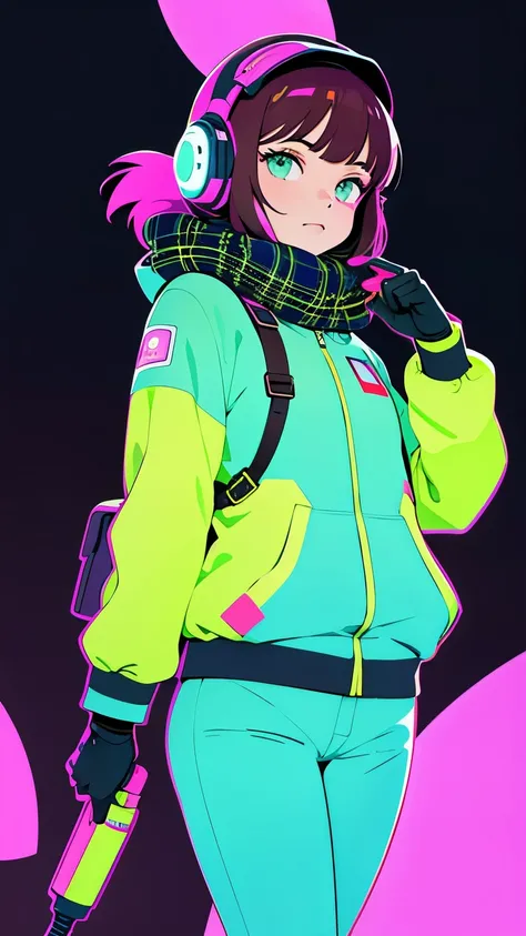 (ultra detailed,ultra high res,detailed background),((2D)),((flat color)),((muted color)),((floating neon)),1girl,solo,looking at viewer, BREAK, spray paint, graffiti, girl in a floral print space suit wearing her helmet, plush tartan scarf