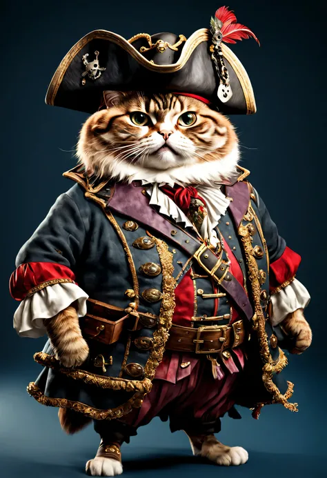 photorealistic portrait of Dressed animals - a ((fat)) cat pirate,(brave pose), high quality,(lovely) ,intricate details, highly detailed ((pirates hat and clothes)) ,,highly detailed decorations, , (brave), studio lighting,(full body image:1.5)