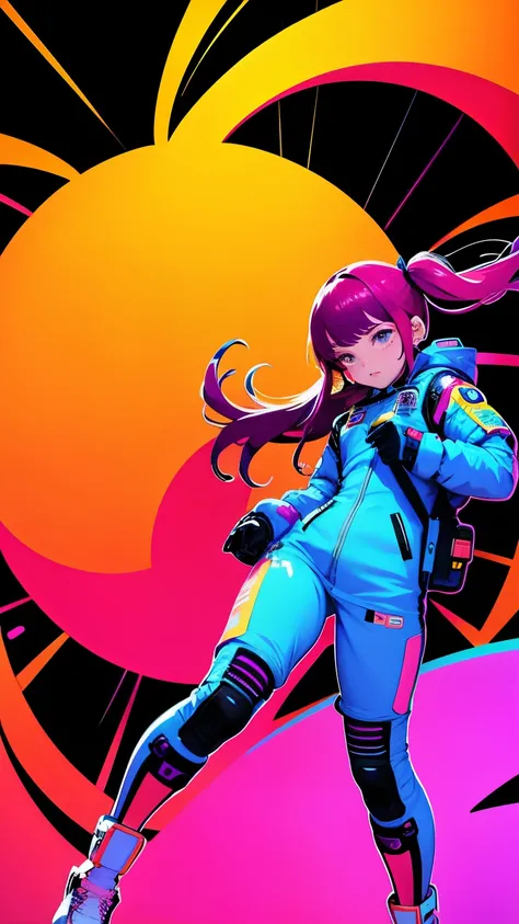 (ultra detailed,ultra high res,detailed background),((2D)),((flat color)),((colorful)),((floating neon)),1girl,solo,looking at viewer, BREAK, spray paint, graffiti, girl in a space suit