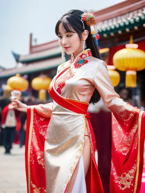 Full body photo of beautiful Chinese model wearing Chinese New Year festival outfit keeping silver and gold in high resolution、 Comparison photo Y-angle 200mm F2.8 shots created with light and film colors、Stunning cinema and beautiful action。