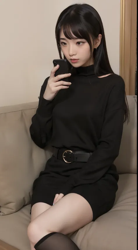 anime, one girl, sophisticated iPhone、on the phone, at night、Sofa bed、sit down、black sweater dress、Black belt、black stockings