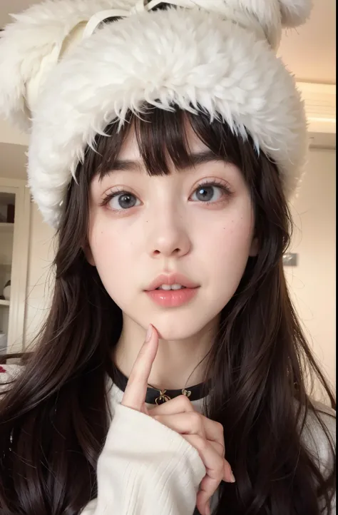 puffy woman in a white hat and a white sweater, Ulzzang, Retrato realista kawaii, rosto de anime natural fofo, young lovely korean face, adorable and pale korean face, Bela Delfina, linda garota kawaii, garota cara fofa, cruel korean goth girl, pale skin a...