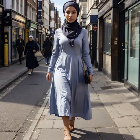 Generate a 3D picture of a muslim girl wearing a large long dress with a long sleeves, head scarf,  head scarf, a shie that match with the dress, a handbag, walking in london street in sunny day