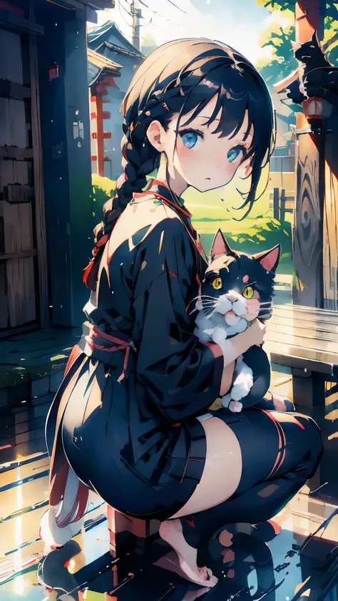 one girl、braid、(((play with cat)))、anime style、sitting、squat、black cat、japanese shrines、guardian dog、torii、