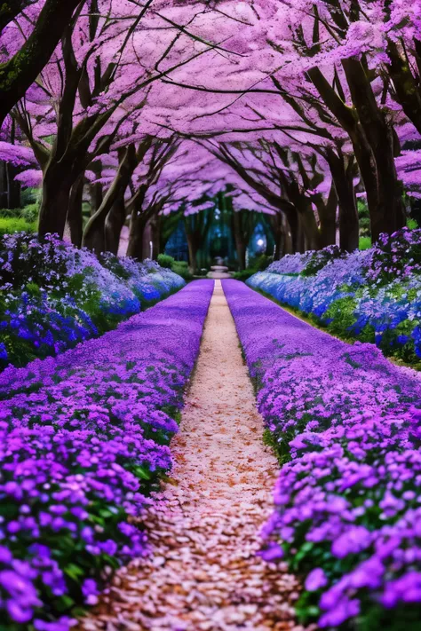 lush plantlife, real, detailed, 8k, high quality, an enchanting and dreamy scene of fantasy/alien forest, creating a sense of mystique and enchantment, award winning photography, blues and purples, bioluminescence, garden, water, flowers, depth of field