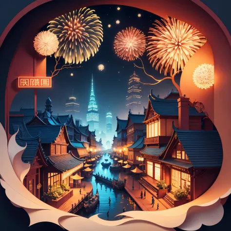 (((masterpiece))), best quality, illustration, Beautiful and detailed light, paper_cut, wallpaper, Red，City，fireworks，Chinese style，Spring Festival