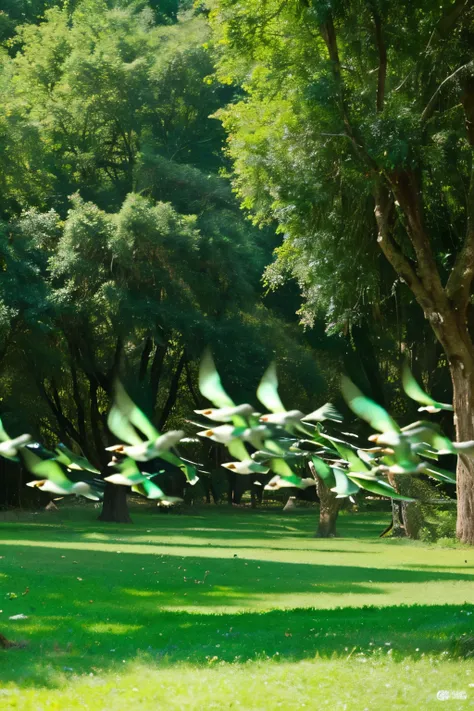 A flock of green pigeons in a forest space