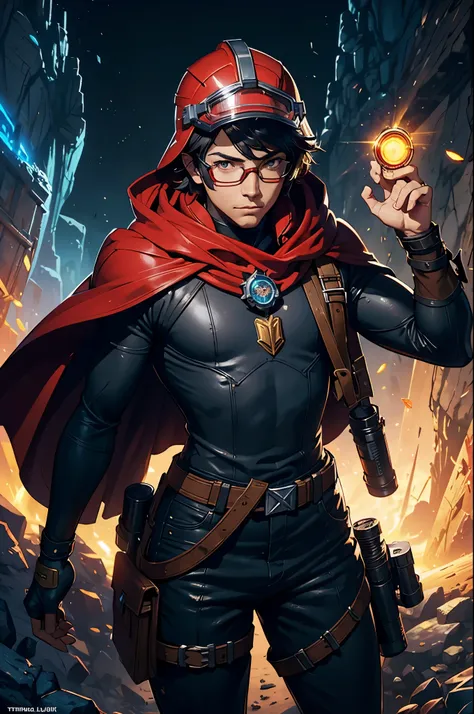 there is an explorer man/researcher with goggles and red cape, wearing a protective helmet with a flashlight on top, em uma caverna, Personagem de League of Legends art, Stanley Artgerm Lau, iconic character splash art, , Arte conceitual da Riot Games, art...