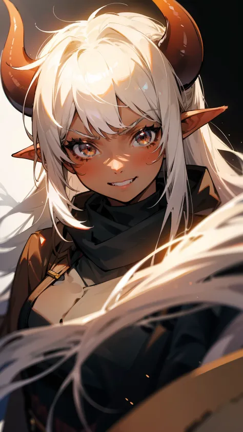 1girl,20years old,solo,mature female,elf ears,white hair,long hair,horns,black scarf,(brown skin),portrait,angry,smile