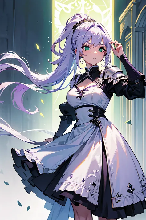 4K,High resolution,one woman,White-purple hair,long ponytail,green eyes,knight,白色のknightの鎧,heavy armor,Maid clothes,Long sword,Inside the castle