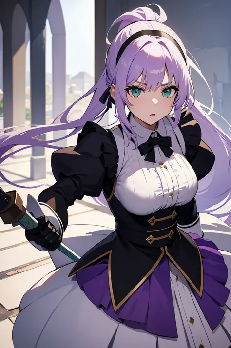 4K,High resolution,one woman,White-purple hair,long ponytail,green eyes,knight,白色のknightの鎧,heavy armor,Maid clothes,Long sword,Inside the castle