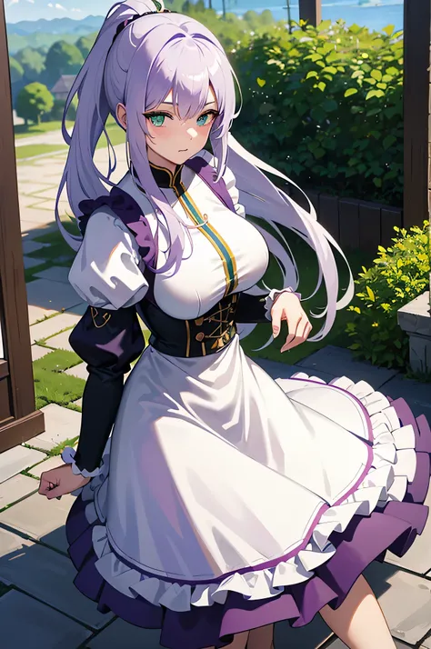 4K,High resolution,one woman,White-purple hair,long ponytail,green eyes,knight,白色のknightの鎧,heavy armor,Maid clothes,Long sword,Inside the castle