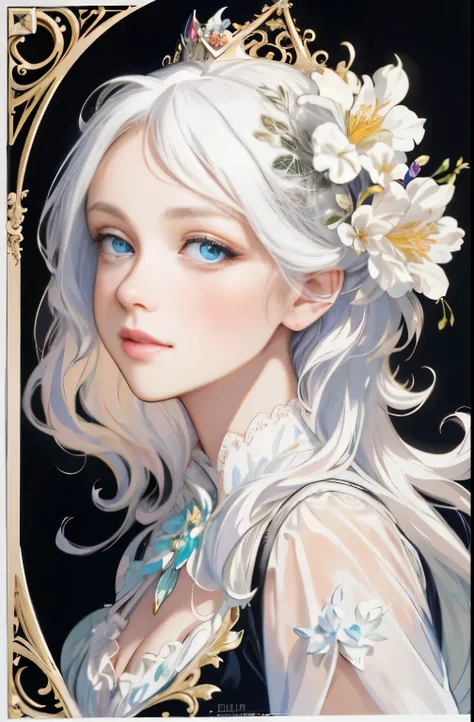 ((gorgeous princess)), (With flowing white hair), (bright beautiful eyes), Popular topics on art sites, Jean-Honor Fragonard&#39;s《flower of hope》, Peter Moore, super detailed, Crazy details , Stunning exquisite elite art nouveau ornate liquid wax elegant ...