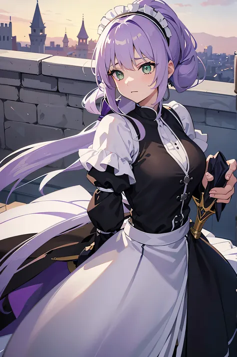 4K,High resolution,one woman,White-purple hair,long ponytail,green eyes,knight,白色のknightの鎧,heavy armor,Maid clothes,Long sword,Inside the castle