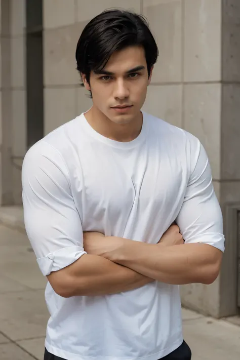 handsome young man with black hair crossing arms and looking at the camera. White shirt, square jaw, athletic body